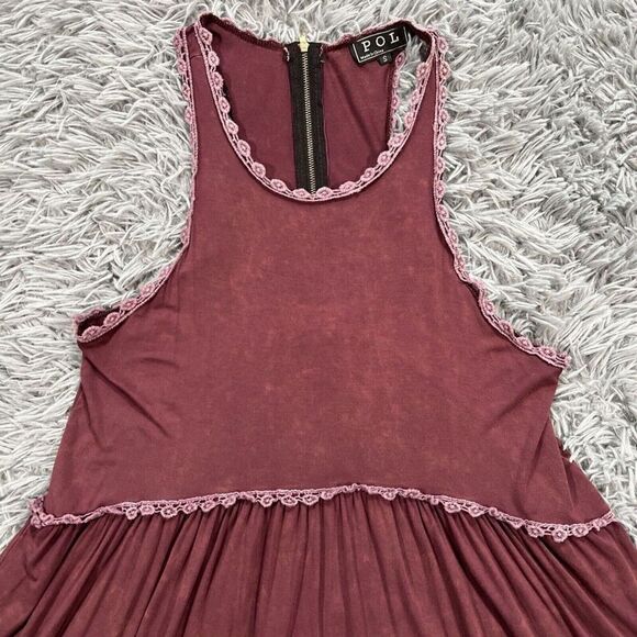 POL Womens Tunic Tank Top Lace Trim Stone Wash Peplum Small Burgundy - Picture 3 of 10